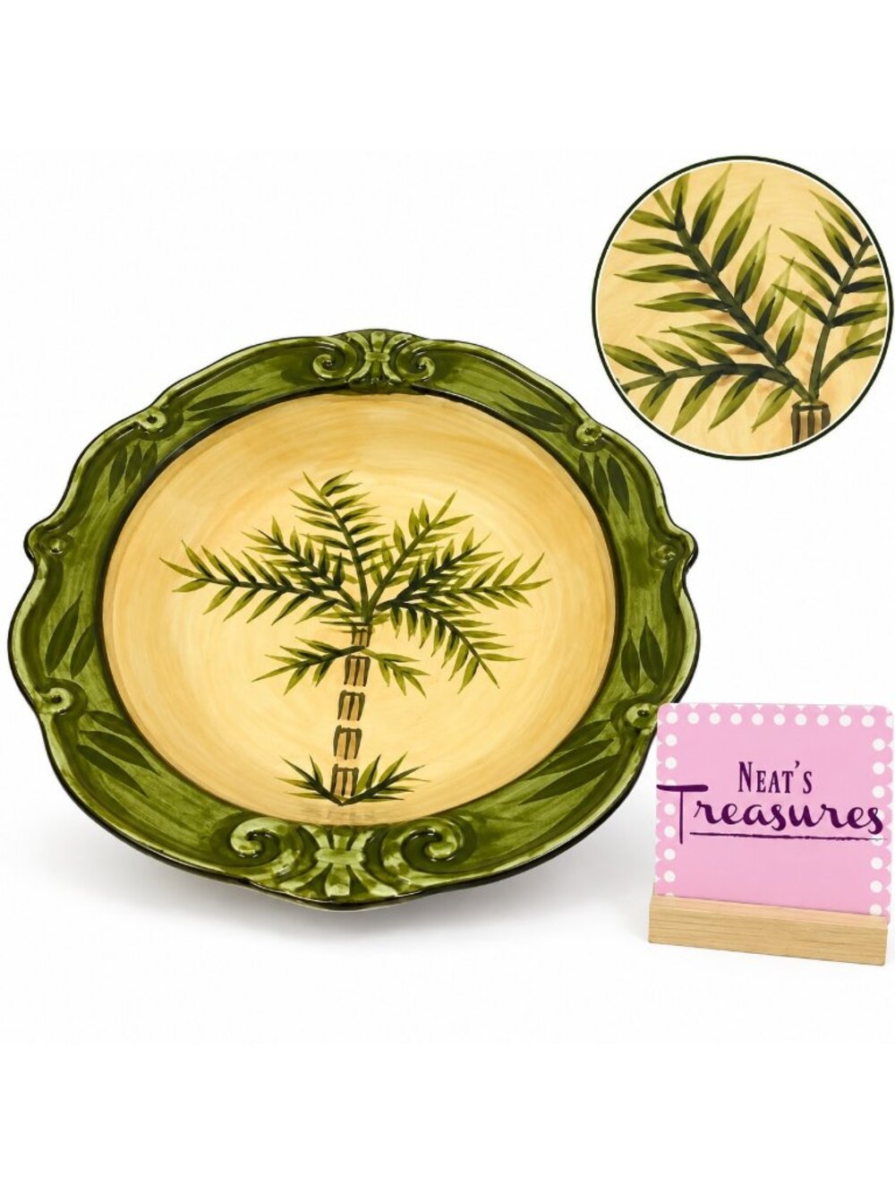 Sauvignon WEST INDIES  Green Rim Palm Tree Scalloped Ceramic Oval Serving Bowl